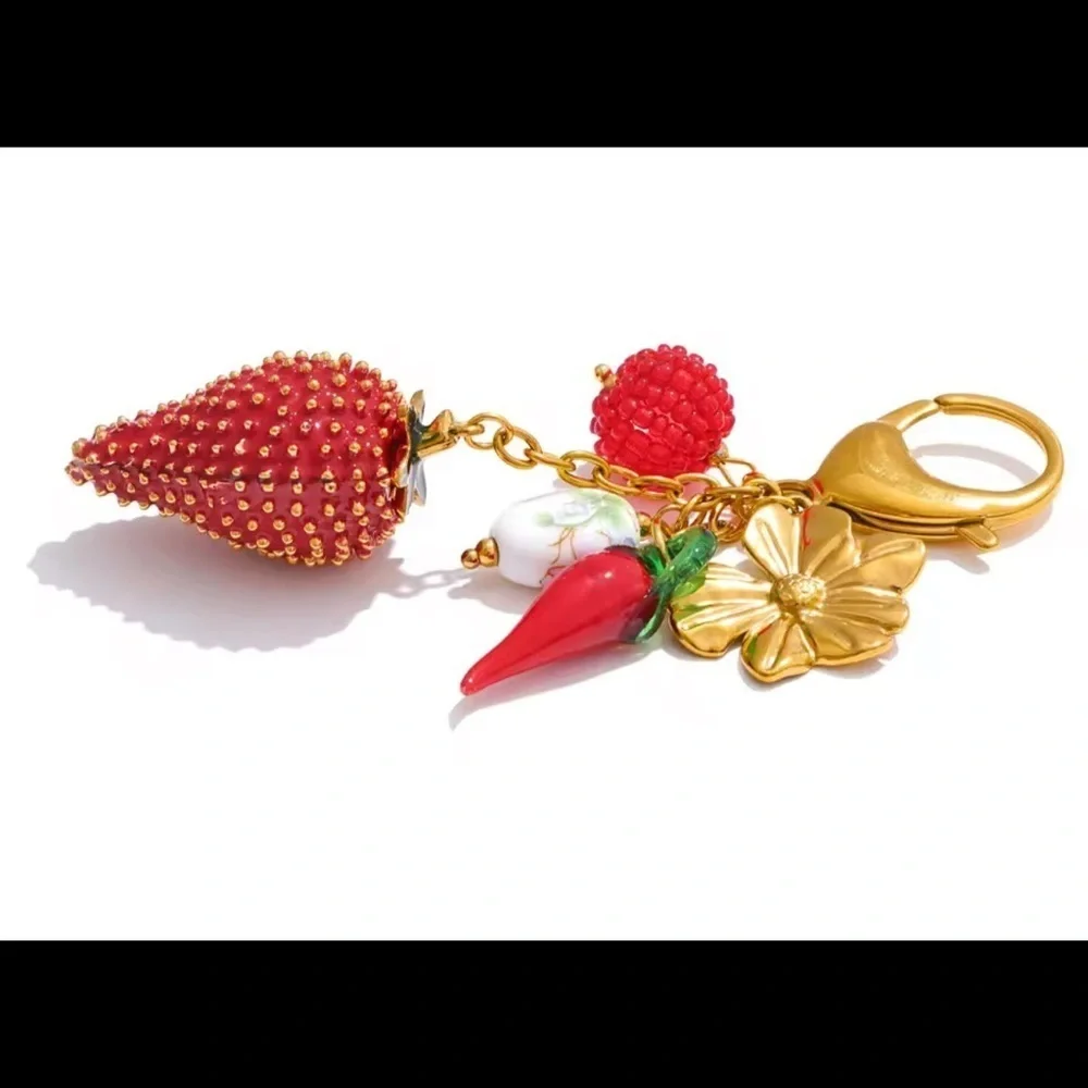 Strawberry Charm 18K Gold Stainless Steel Waterproof Keychain